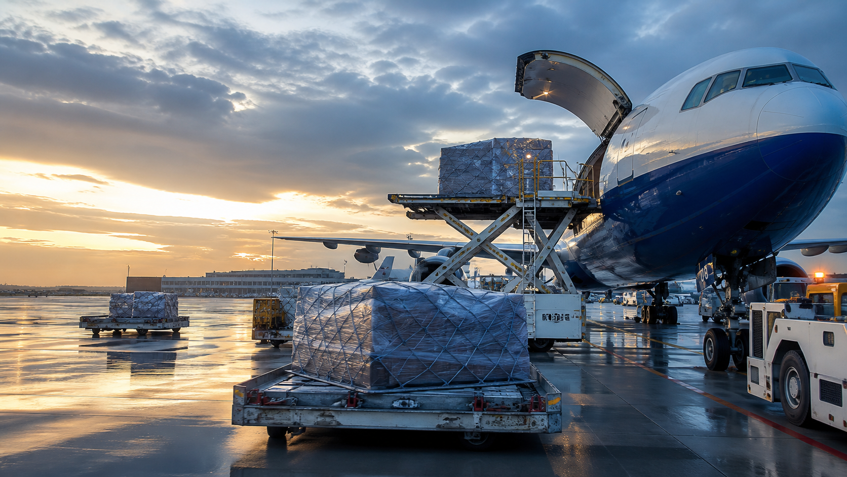 Air cargo being handled at an international airport